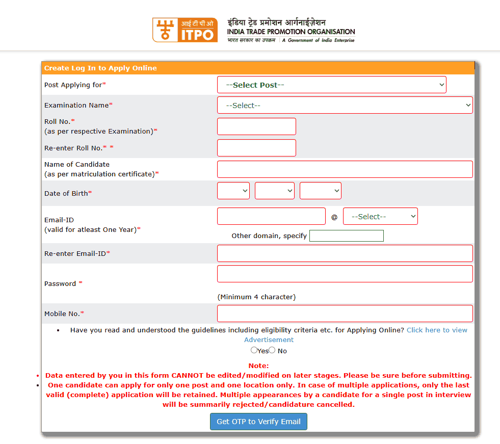 Click on Fresh Candidate to create Log In New Log In to register